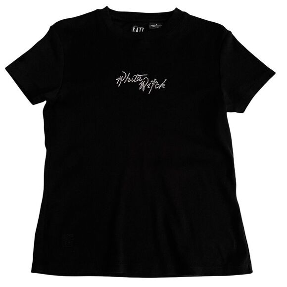 Kate Lord Embellished Black Ribbed Tee White Witch Size Small - Picture 2 of 8